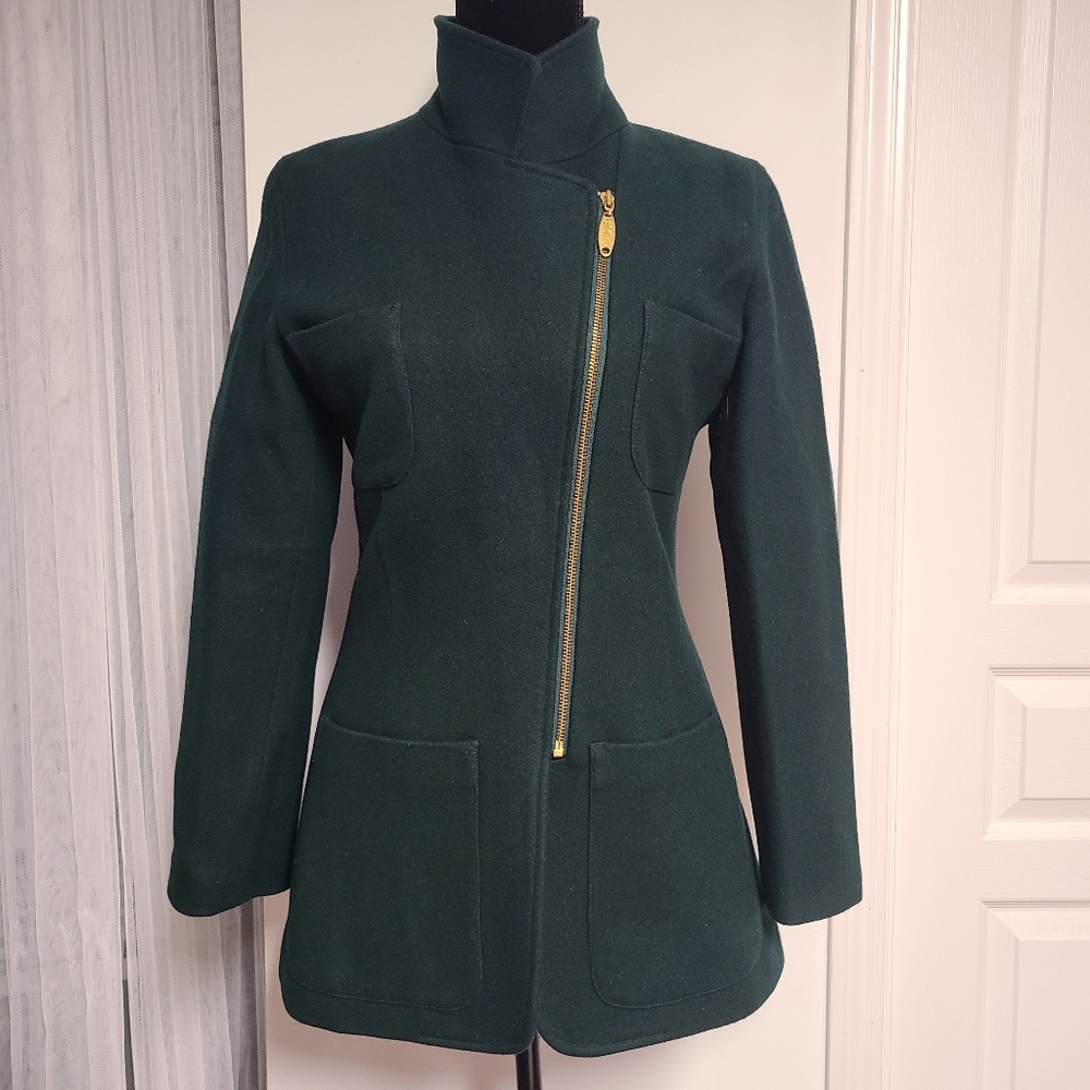 Armani Jeans Dark Green Asymmetrical Zip Wool Blend Jacket with Gold Hardware - Picture 5 of 9